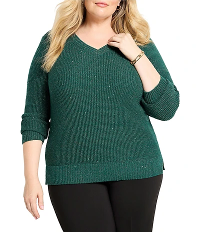 NIC + ZOE Plus Shimmer Waffle Knit V-Neck Long Sleeve Sweater