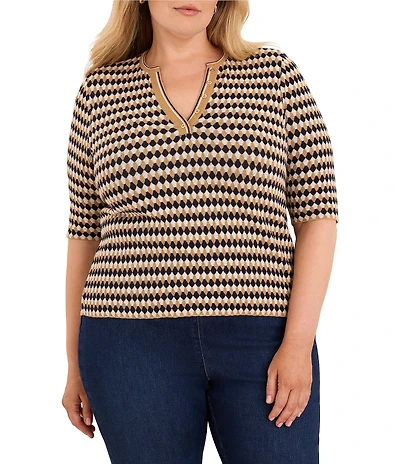 NIC + ZOE Plus Size Angled Jacquard Geometric Diamond Split V-Neck Elbow Sleeve Sweater