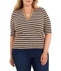 NIC + ZOE Plus Size Angled Jacquard Geometric Diamond Split V-Neck Elbow Sleeve Sweater