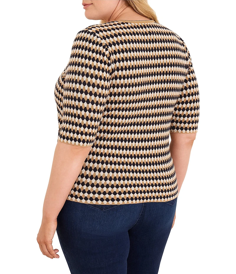NIC + ZOE Plus Size Angled Jacquard Geometric Diamond Split V-Neck Elbow Sleeve Sweater