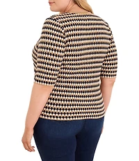 NIC + ZOE Plus Size Angled Jacquard Geometric Diamond Split V-Neck Elbow Sleeve Sweater