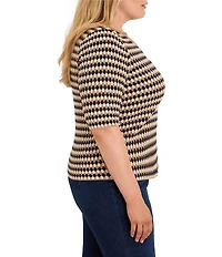 NIC + ZOE Plus Size Angled Jacquard Geometric Diamond Split V-Neck Elbow Sleeve Sweater