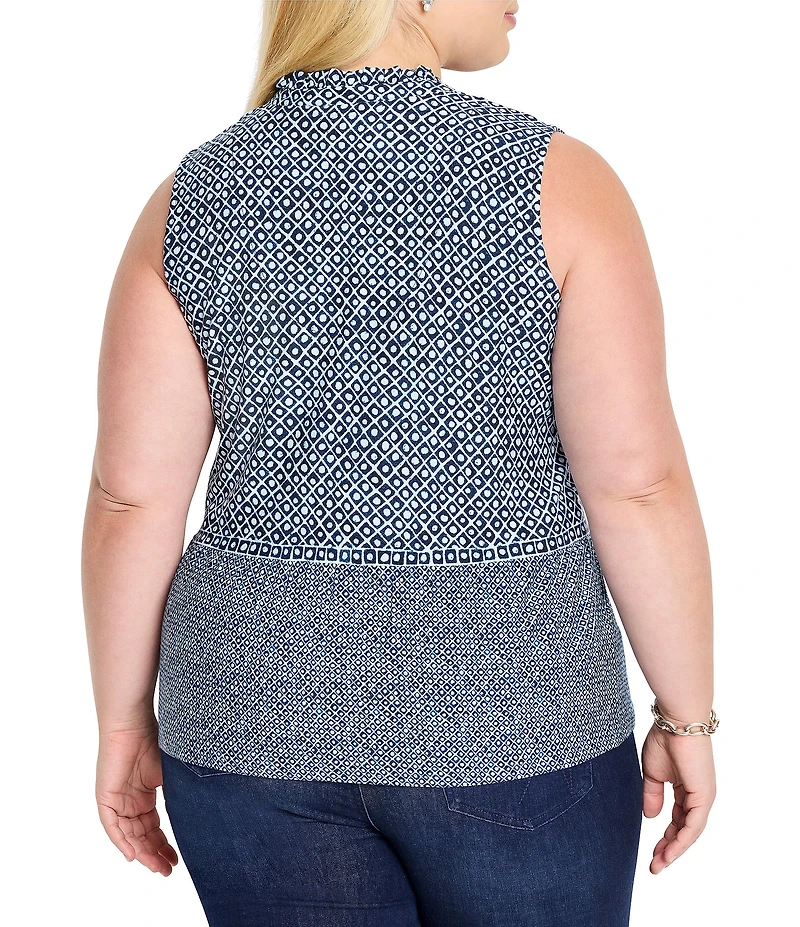 NIC + ZOE Plus Size Coastal Geo Print Split Neck Sleeveless Faux Button Tank