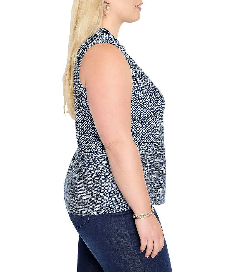 NIC + ZOE Plus Size Coastal Geo Print Split Neck Sleeveless Faux Button Tank
