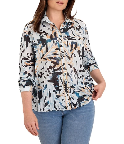 NIC + ZOE Plus Size Crinkle Garden Shade Point Collar Long Sleeve Button-Front Shirt