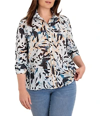 NIC + ZOE Plus Size Crinkle Garden Shade Point Collar Long Sleeve Button-Front Shirt