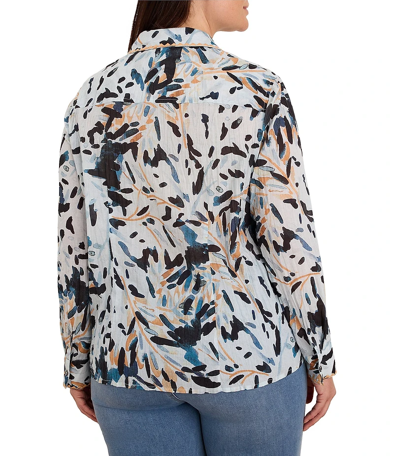 NIC + ZOE Plus Size Crinkle Garden Shade Point Collar Long Sleeve Button-Front Shirt