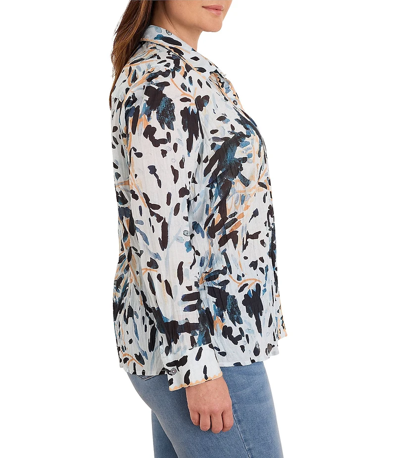 NIC + ZOE Plus Size Crinkle Garden Shade Point Collar Long Sleeve Button-Front Shirt