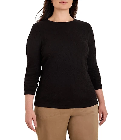 NIC + ZOE Plus Size Crinkle Knit Textured Crew Neck Long Sleeve Fitted Top