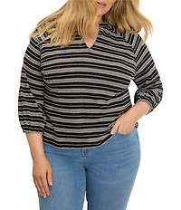 NIC + ZOE Plus Size Dashing Stripe Knit Split V-Neck Bracelet Sleeve Top