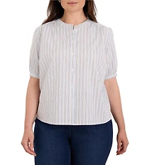 NIC + ZOE Plus Size Eton Stripe Round Neck Short Sleeve Button-Front Shirt