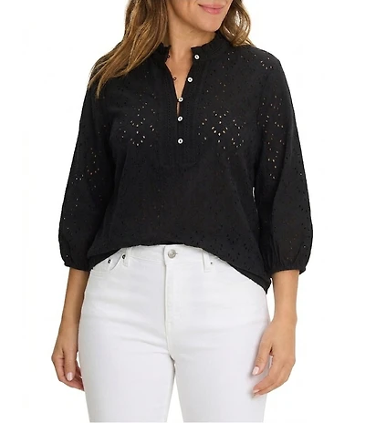 NIC + ZOE Plus Size Eyelet Knit Ruffle Stand Neck Bracelet Sleeve Top