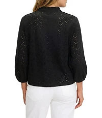 NIC + ZOE Plus Size Eyelet Knit Ruffle Stand Neck Bracelet Sleeve Top