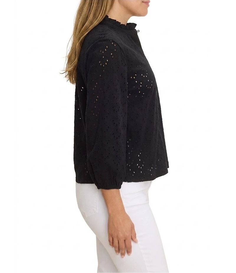 NIC + ZOE Plus Size Eyelet Knit Ruffle Stand Neck Bracelet Sleeve Top