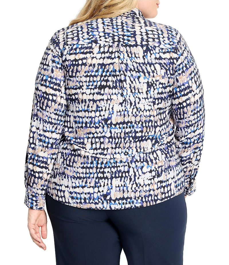 NIC + ZOE Plus Size Harvest Dot Print Shirt Collar Long Sleeve Top