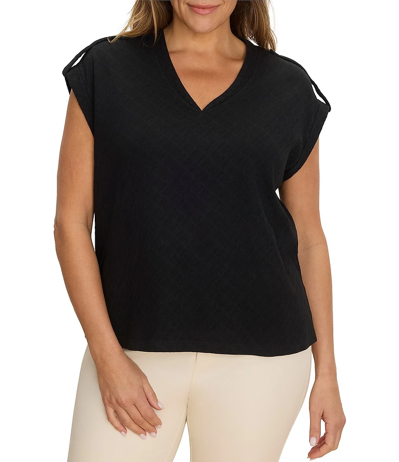 NIC + ZOE Plus Size Knit V-Neck Cap Sleeve Extended Shoulder Tab Tee Top