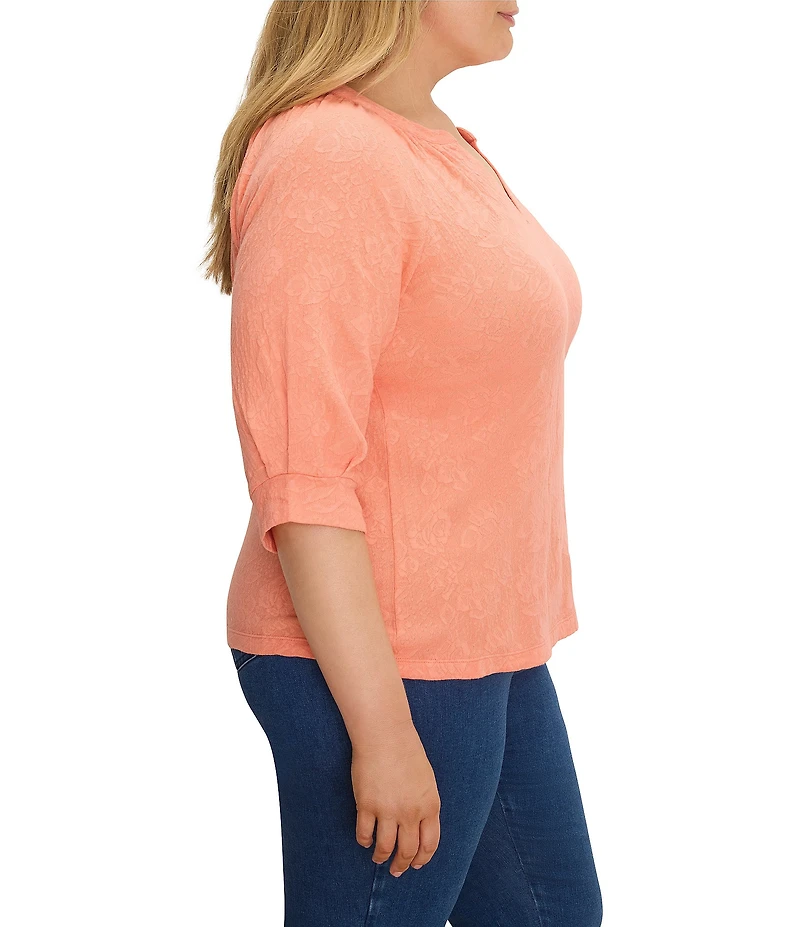 NIC + ZOE Plus Size Lace Knit Split V-Neck 3/4 Sleeve Top