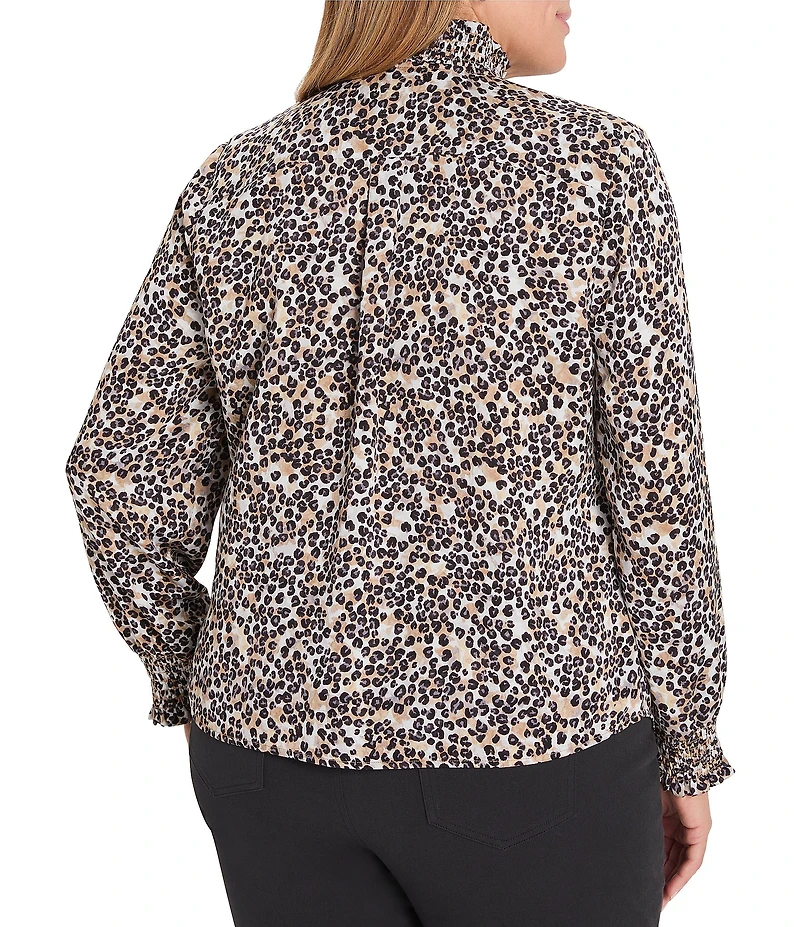 NIC + ZOE Plus Size Little Leopard Stand Smocked Collar Long Sleeve Top