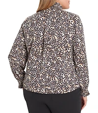 NIC + ZOE Plus Size Little Leopard Stand Smocked Collar Long Sleeve Top