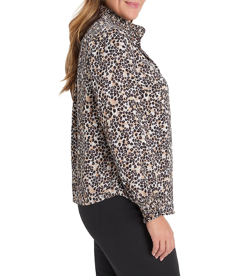 NIC + ZOE Plus Size Little Leopard Stand Smocked Collar Long Sleeve Top
