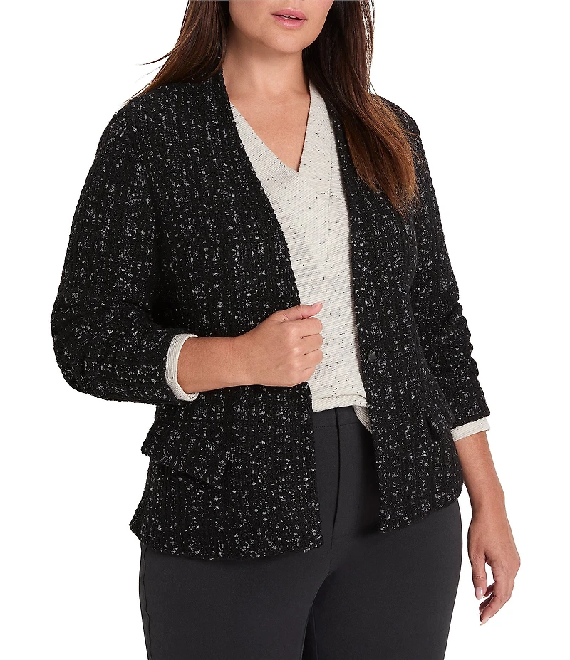 NIC + ZOE Plus Size Metallic Grid Knit Shawl Collar Long Sleeve Jacket