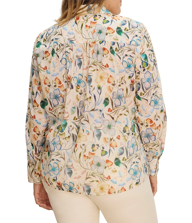 NIC + ZOE Plus Size Pressed Flower Print Point Collar Long Sleeve Button-Front Shirt
