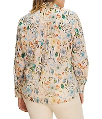 NIC + ZOE Plus Size Pressed Flower Print Point Collar Long Sleeve Button-Front Shirt