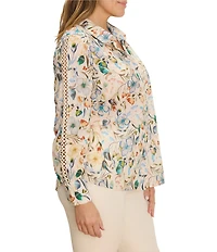 NIC + ZOE Plus Size Pressed Flower Print Point Collar Long Sleeve Button-Front Shirt
