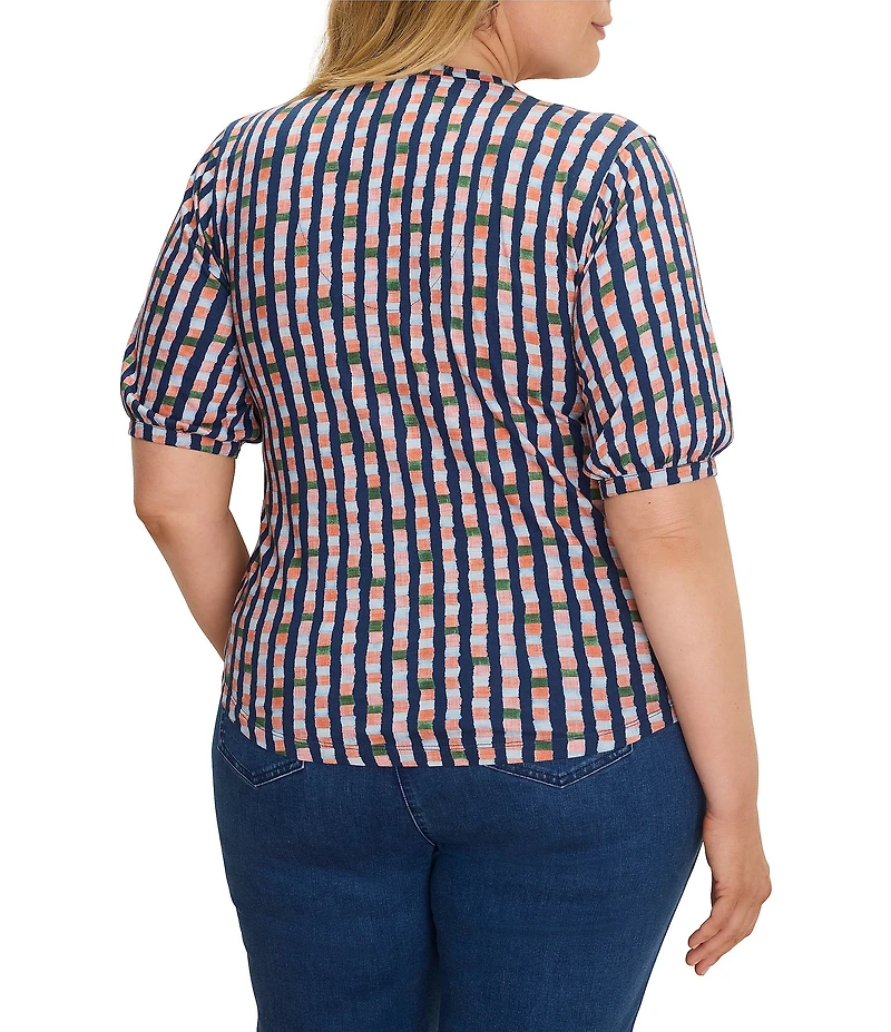 NIC + ZOE Plus Size Reef Stripe Printed V-Neck Elbow Sleeve Tee