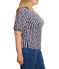 NIC + ZOE Plus Size Reef Stripe Printed V-Neck Elbow Sleeve Tee