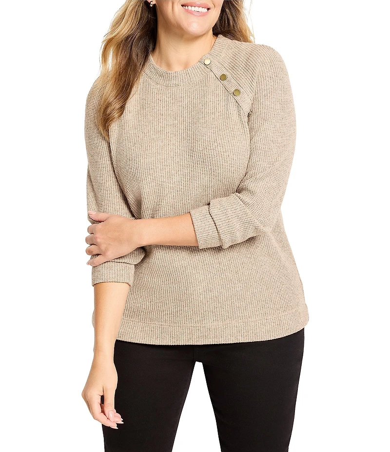 NIC + ZOE Plus Size Soft Thermal Round Neck Button Long Sleeve Top