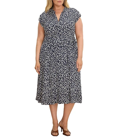 NIC + ZOE Plus Size Sonni Leopard Sketch Split V-Neck Cap Sleeve Tie Waist Midi Dress