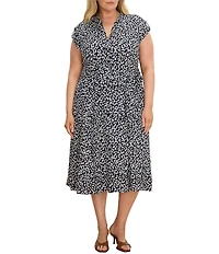 NIC + ZOE Plus Size Sonni Leopard Sketch Split V-Neck Cap Sleeve Tie Waist Midi Dress
