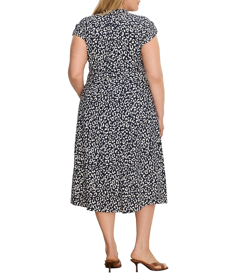 NIC + ZOE Plus Size Sonni Leopard Sketch Split V-Neck Cap Sleeve Tie Waist Midi Dress