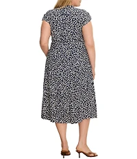 NIC + ZOE Plus Size Sonni Leopard Sketch Split V-Neck Cap Sleeve Tie Waist Midi Dress