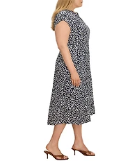 NIC + ZOE Plus Size Sonni Leopard Sketch Split V-Neck Cap Sleeve Tie Waist Midi Dress