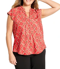 NIC + ZOE Plus Size Squiggle Check Split V-Neck Cap Sleeve Top