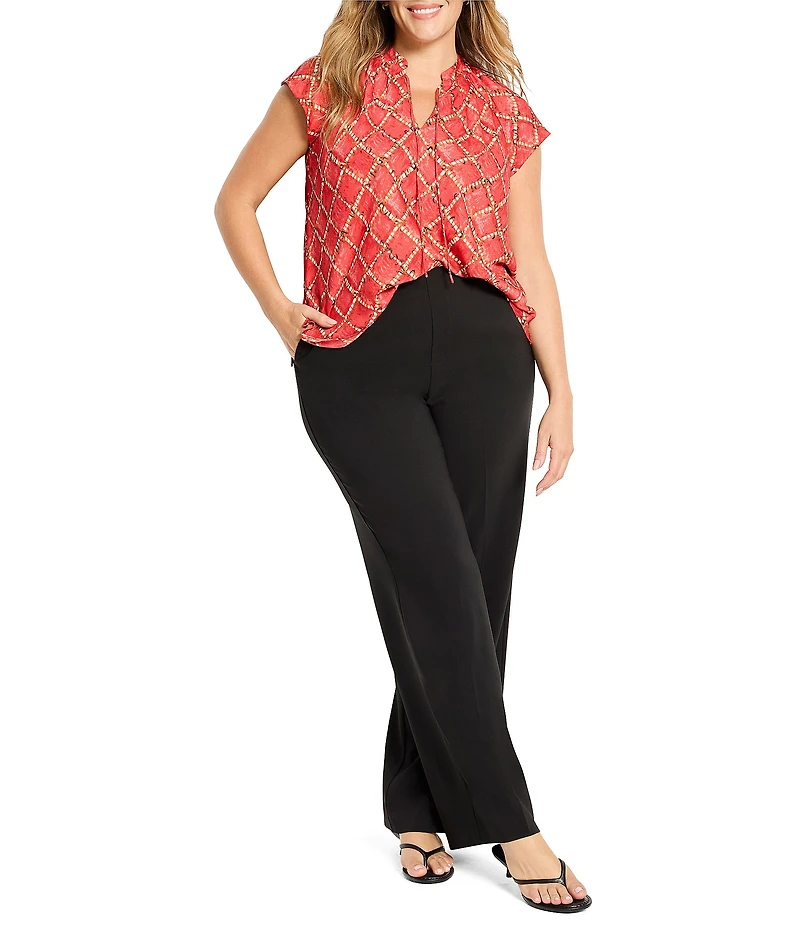 NIC + ZOE Plus Size Squiggle Check Split V-Neck Cap Sleeve Top