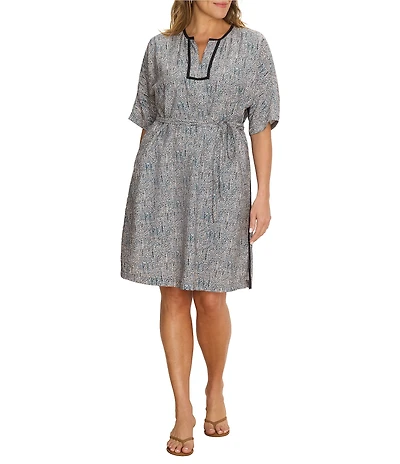 NIC + ZOE Plus Size Sun Speckle Print Split V-Neck Elbow Sleeve Belted Dress