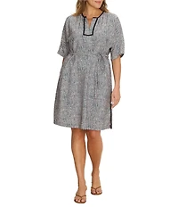 NIC + ZOE Plus Size Sun Speckle Print Split V-Neck Elbow Sleeve Belted Dress
