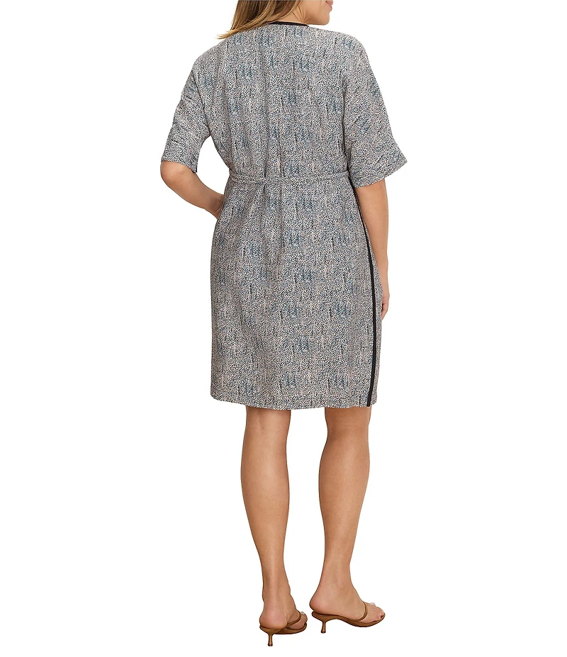 NIC + ZOE Plus Size Sun Speckle Print Split V-Neck Elbow Sleeve Belted Dress