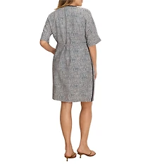 NIC + ZOE Plus Size Sun Speckle Print Split V-Neck Elbow Sleeve Belted Dress