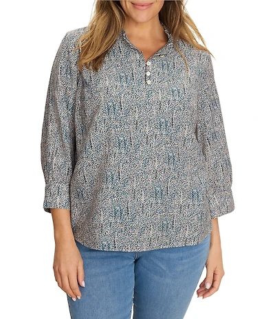 NIC + ZOE Plus Size Sun Speckle Ruffle Neck 3/4 Sleeve Top
