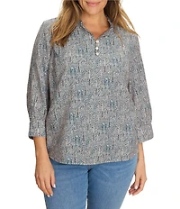 NIC + ZOE Plus Size Sun Speckle Ruffle Neck 3/4 Sleeve Top