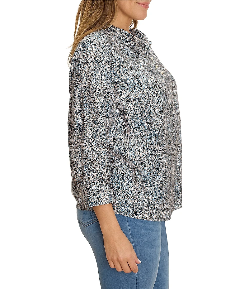 NIC + ZOE Plus Size Sun Speckle Ruffle Neck 3/4 Sleeve Top