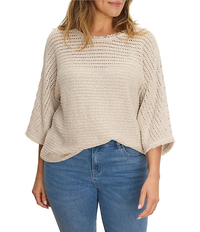NIC + ZOE Plus Size Tonal Textured Boat Neck 3/4 Dolman Sleeve Open-Knit Sweater