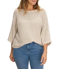 NIC + ZOE Plus Size Tonal Textured Boat Neck 3/4 Dolman Sleeve Open-Knit Sweater