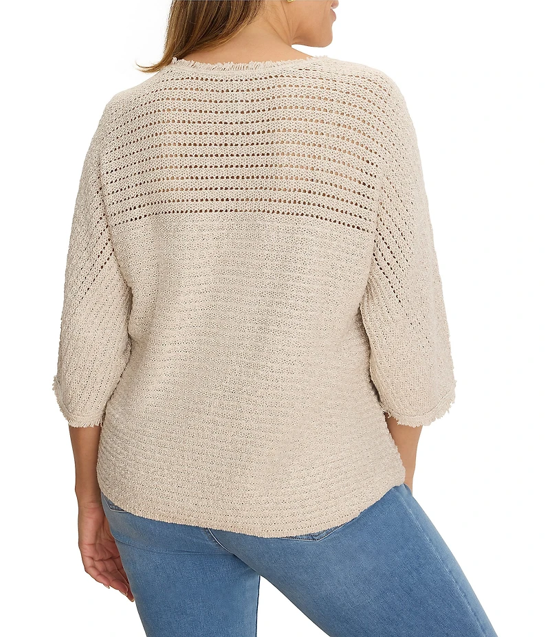 NIC + ZOE Plus Size Tonal Textured Boat Neck 3/4 Dolman Sleeve Open-Knit Sweater