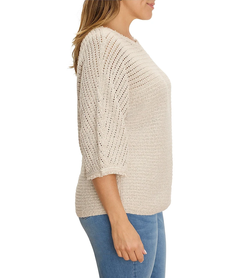 NIC + ZOE Plus Size Tonal Textured Boat Neck 3/4 Dolman Sleeve Open-Knit Sweater