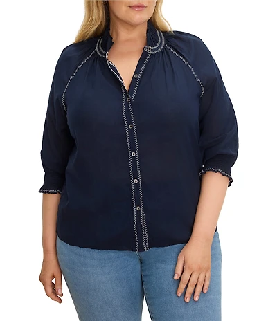 NIC + ZOE Plus Size Zig Zag Embroidered Stitch Ruffle Stand Collar Bracelet Raglan Sleeve Button-Front Shirt